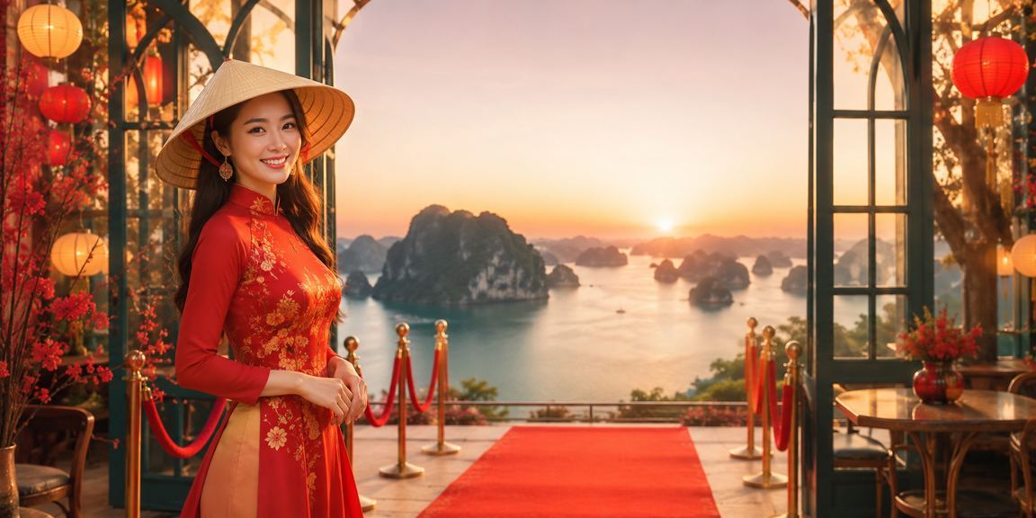 Người chơi bài tại Hạ Long Bay với nón lá truyền thống