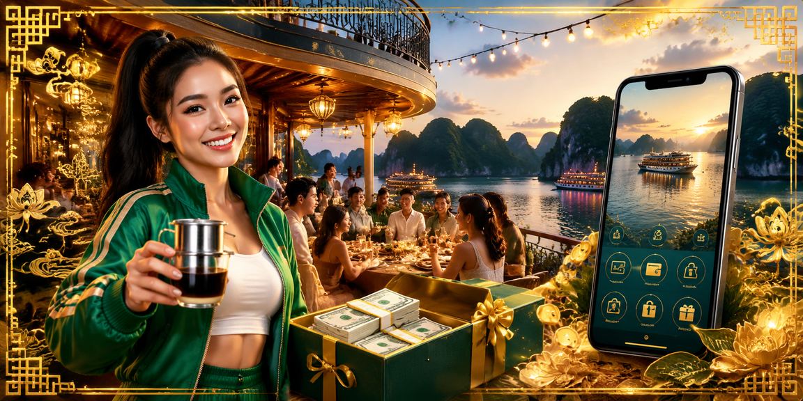 Người chơi tận hưởng casino di động bên vịnh Hạ Long với ly cà phê trên tay